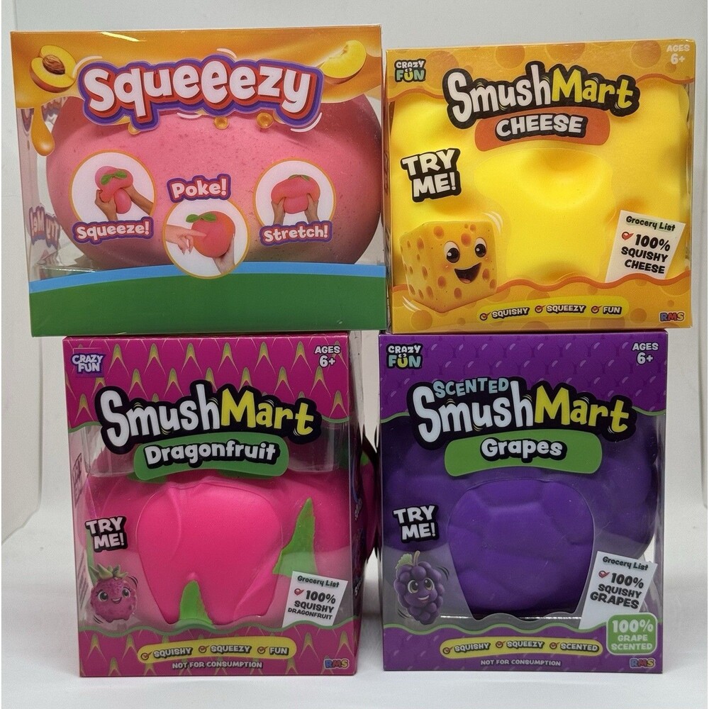 Squishy Bundle Crazy Fun, SmushMart Fruit, Cheese Squeezy & Squeeeze Lot Of 4